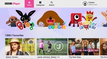 The children's mode interface on BBC iPlayer, a purple background with lots of cartoon shows to choose from