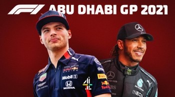 Lewis Hamilton and Max Verstappen in racing gear - with the title 'Abu Dhabi GP 2021'