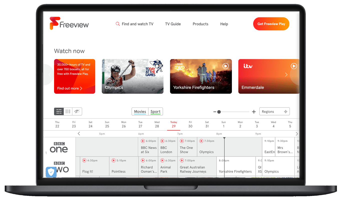 Laptop displaying play button on the Freeview TV Guide